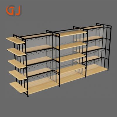 China Guangzhou Factory Direct Corrosion Protection Heavy Duty Floor Standing Metal Supermarket Shelves Wooden Display Rack for sale