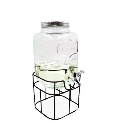 China Sustainable 1gallon Glass Beverage Dispenser With Tap And Iron Holder For Drinking for sale