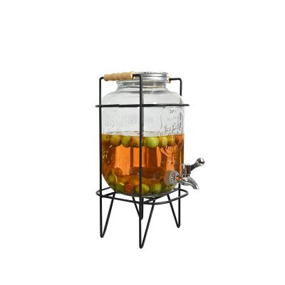 China Freshness Preservation 8L Square Shape Glass Beverage Dispenser With Tap And Iron Holder For Cold Drinking for sale