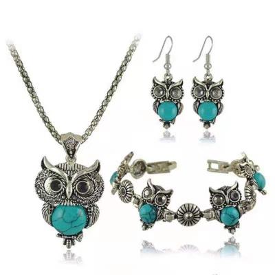 China BOHEMIA Vintage Wind Turquoise Ethnic Owl Pendant Necklace Earring Bracelet Jewelry Sets For Women for sale