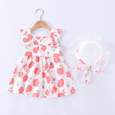 China 2021 New Arrival Adorable Breathable Kids Clothing Bow Knot Girl Flower Printed Dress Summer Baby Girl Dresses With Hat for sale