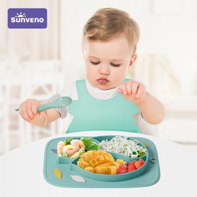 China Sunveno 3in1 BPA Free Baby Dishes and Dishes Set Suction Dish/Bib/Spoon 100% Food Grade Dishwasher and Microwave Safe Baby Feeding for sale