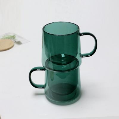 China Single Viable Wholesale Reusable Reusable Cup Drinkware Wholesale Double Wall Glass Coffee Mug 350ml Milk Glass Coffee Mug Green Color for sale