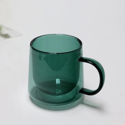 China Customized Viable Green Colored Double Wall Milk Glass Coffee Mug 11oz Borosilicate Glass Double Wall Drink Mug for sale