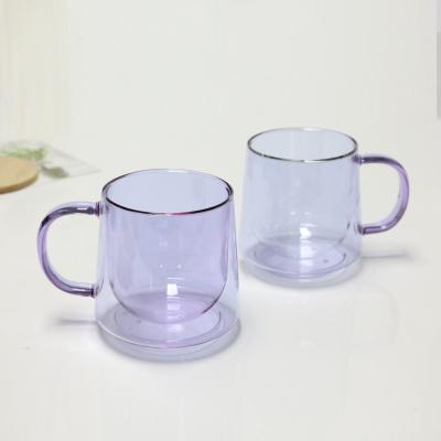 China Sustainable High Borosilicate Glass Coffee Mugs 350ml Solid Colored Double Wall Purple Glass Mug With Handle for sale