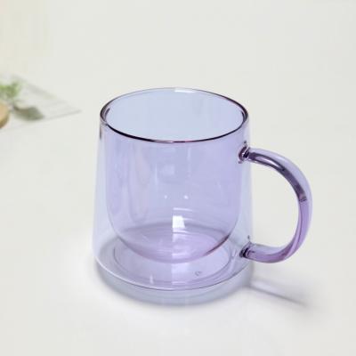 China Sustainable Glass Coffee Mug Tea Juice New Design Glass Cup Double Purple Colored Glass Double Wall Cup for sale