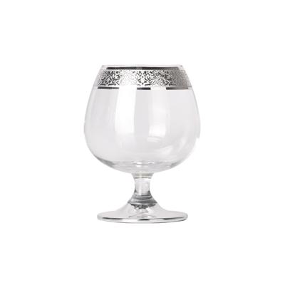 China Viable Manufacture Short Stem Brandy Balloon Glasses Brandy Glass Mug with Ribbon Decal for sale