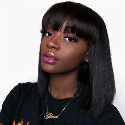 China Silky Straight 100% Virgin Brazilian Human Hair Lace Wig With Bangs Short Bob Hair Wig For Black Women for sale