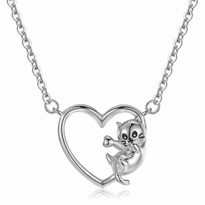 China Cute CLASSIC Sterling Silver Cat Necklace Lucky Heart Pendant Necklaces for sale