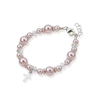 China TRENDY Charm Keepsake Girl Silver Cross Pale Pink Beads White Crystals Bracelet for sale