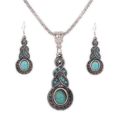 China Fashion CLASSIC Women's Retro Turquoise Rhinestone Earrings Necklace Jewelry Set for sale