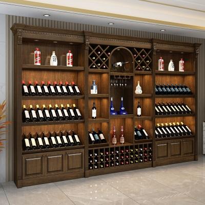 China Customized Double Sided Wine Shop Cellar Shelves Wooden Wine Shelf Display Rack With Light for sale