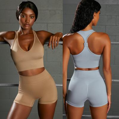 China Antibacterial Seamless Yoga Suit For Women Sports And Fitness High Waist Shorts V Vest Sets for sale