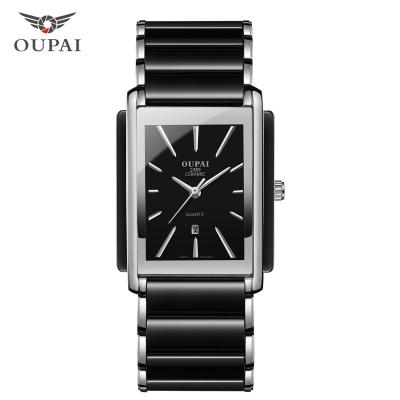 China Business Square Black Ceramic Stainless Steel Waterproof Luxury Wrist Watch Day/Date Old Man Sliver Watch Fashion With Calendar For OEM for sale