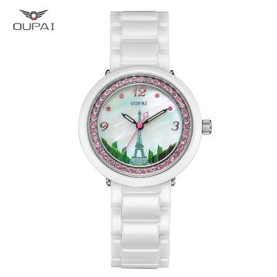 China Ultra Thin White Ceramic Lady and Little Quartz Water Resistant Eiffel Tower Romantic Design Watch for Girl Children's Watch Waterproof OEM for sale