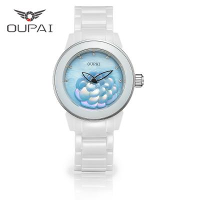 China Large Size Lady 38mm Camellia Shell Carving White Ceramic Movement Japanese Quartz Movement Water Resistant Watch Waterproof Women Wristwatch for sale