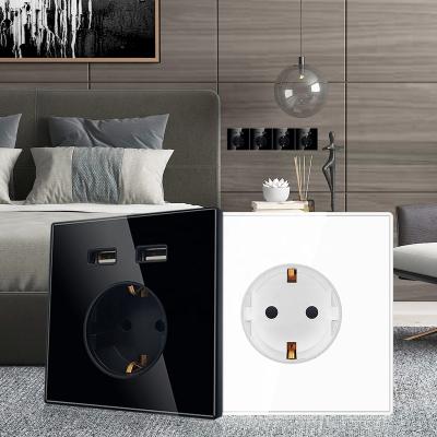 China USB Ports Socket Glass Eu Standard EU Charging Electrical Outlet Round White Black Glass Panel Crystal Glass Socket Outlet Glass Eu AC 100-250V 16A for sale