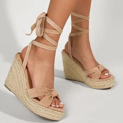 China Fashion Trend Summer Fashion Lace Up Front Tie Leg Espadrille Wedge Sandals Apricot Color Platform Knot High Heel for sale