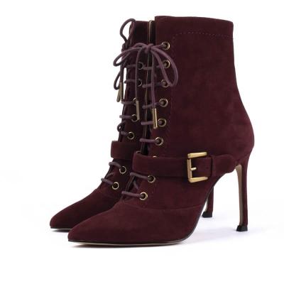 China HOWARD SHAWN New Fashion Wine Round Red Ankle Boots For Women Gold Metal Lace Up Toe Stiletto Heels Girl Boots for sale