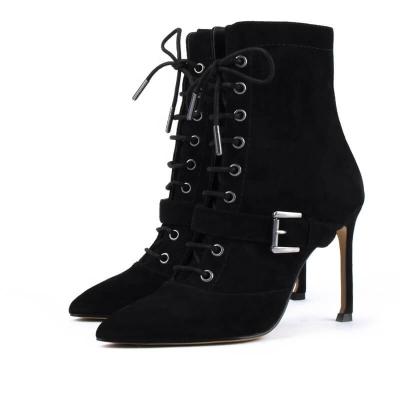 China HOWARD SHAWN New Fashion Black Ankle Round Boots For Women Gold Metal Lace Up Pointed Toe Stiletto Heels Girl Boots for sale