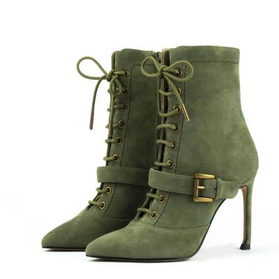 China Other HOWARD SHAWN New Fashion Green Ankle Boots For Women Gold Metal Lace Up Toe Stiletto Heels Girl Boots Peep Toe for sale