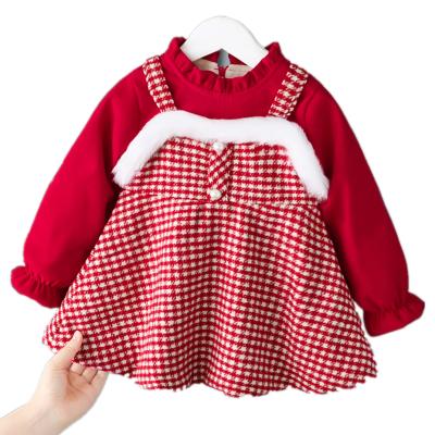 China Girls Washable Fall and Winter Plaid Bride Plus Velvet Dress for sale