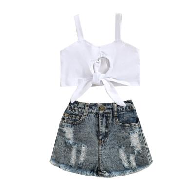 China Cotton Summer Fashion White Hollow Out Sling + Denim Shorts Kid Girl Set for sale