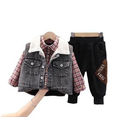 China Winter children's three-piece suit cotton plus velvet plaid shirt lapel denim vest jacket thick boy suit for sale