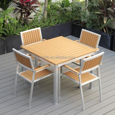 China Contemporary Patio Waterproof Outdoor Furniture Dining Sets Teak Color Plastic Wood Tables And Chairs For Garden for sale