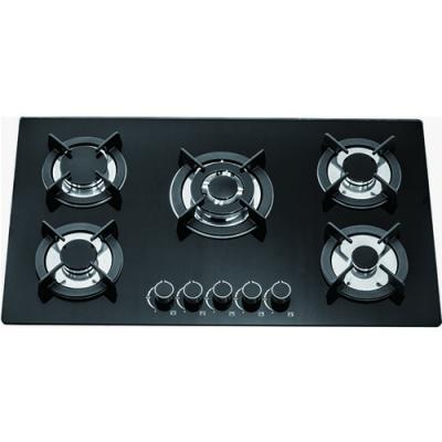 China Household Black Glass Panel 5 Burner Built In Gas Hob , Cast Iron Pan Support Gas Stove for sale