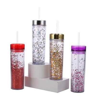 China Sustainable 16oz Glitter Double Wall Tumbler Acrylic Plastic With Straw Wholesale for sale