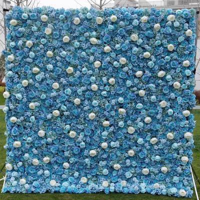 China Transitional Hot Sale 3D Wedding Decor Artificial Flowers Panel Roll Back Fabric Rose Large Artificial Fabric Flower Wall Backdrop for sale