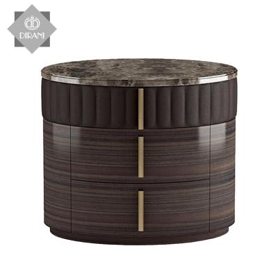 China Custom luxury round shape bedside table nordic solid wood and storage cabinet bedroom leather nightstand for sale