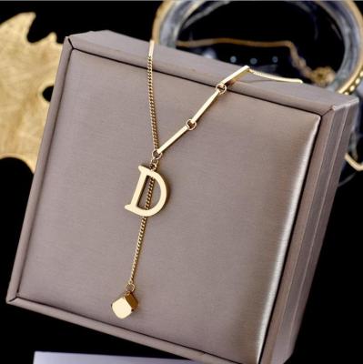 China Trendy Fashion Titanium Steel Square Choker Gold Letters D Pendant Necklace For Woman Hip Hop Party Sexy Girl Clavicle Chain for sale