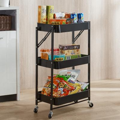 China Nordic Style 3-Tier Foldable Mobile Kitchen Home Storage Organizer Rack Folding Trolley Utility Rolling Cart for sale