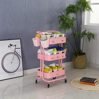 China Modern Cheap Price 3 Tiers Colorful Mobile Hand Trolley Storage Trolley Steel Metal Rack Rolling Trolley With Handle for sale