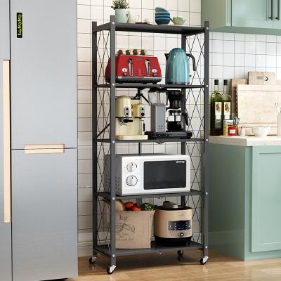 China Five-Layer Home Kitchen Storage Foldable 5 Tier Black Heavy Duty Folding Metal Storage Shelf With Wheel for sale