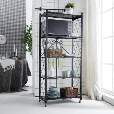 China 5-Tier Metal Mesh Storage Basket Folding Stand Shelf Rolling Cart Viable with Lockable Wheels for Kitchen Home Office for sale