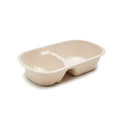 China Het Suikerrietbagasse Clamshell van de twee Compartimenten neemt de Biologisch afbreekbare Container 25OZ Doos Te koop