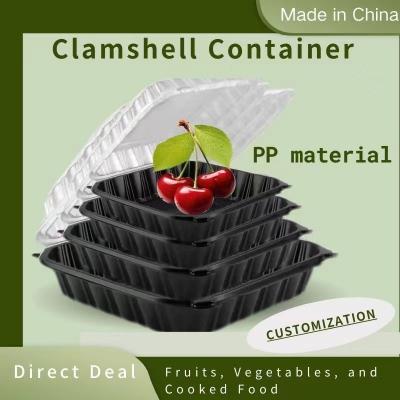 China Wiederverwendbare Kunststoff-Lebensmittelverpackungskiste, PP-Hinged-Cap-Clamshell-Container, Mikrowelle,10.2x10.2x3.2 zu verkaufen