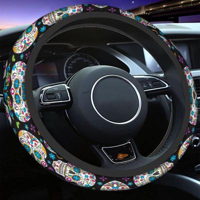 China Cute/Cartoon Flower Skull Steering Wheel Covers Colorful Skull Print Decoration Steering Wheel Cover Car Pattern Steering Wheel Covers for sale