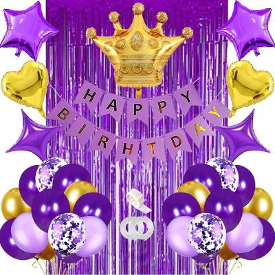 China Luxury Purple Gold Birthday Decoration Supplies Rain Curtain Crown Star Heart Foil Balloons Birthday Banner Decoration Set for sale