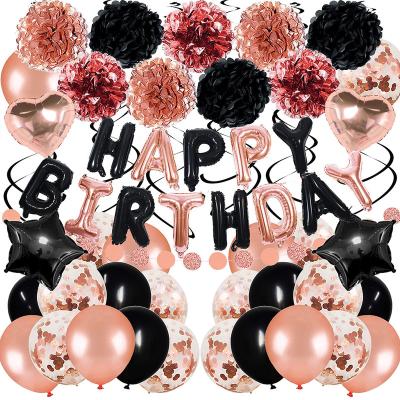 China Rose tGold Reusable Birthday Party Supplies Happy Birthday Foil Banner Pompoms Confetti Balloons Birthday Party Decoration Set for sale