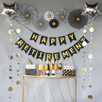 China Eco-friendly Materials Black and Glowing Star Folding Garland Foil Balloon Paper Fans Gold Retirement Party Decorations Paper Happy Banner Supplies for sale