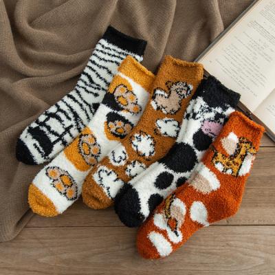 China Sustainable Coral Fleece Half Cartoon Vegetable Fleece In The Tube Women's Floor Warm Home Sleeping Socks for sale