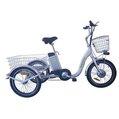 China Aluminum alloy 20 inch three wheels electric bike food cargo e tricycle with rear basket for sale