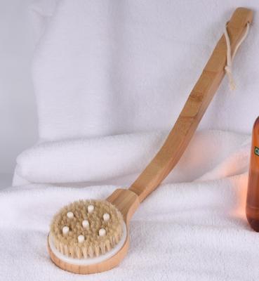 China All New Long Natural Detachable Wooden Wet or Dry Bath Brush with Curved Reach Handle Hanging Wooden Knots with Boar-Bristle for sale