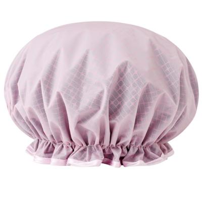 China New Large Shower Caps Sustainable Waterproof Reusable Soft Silk Satin Double Layers Striped Hat For Long Hair for sale