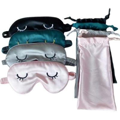 China Dark Circles Satin Eye Mask Silk Eyelash Embroidered Blindfold Sleep Eye Cover and Portable Pouch for sale