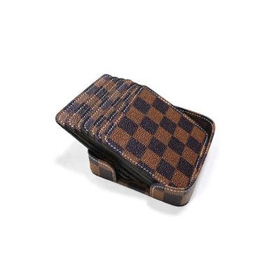 China Sustainable Luxury Checkered Vegan Leather Drink Coasters Cup Coaster With Stand for sale